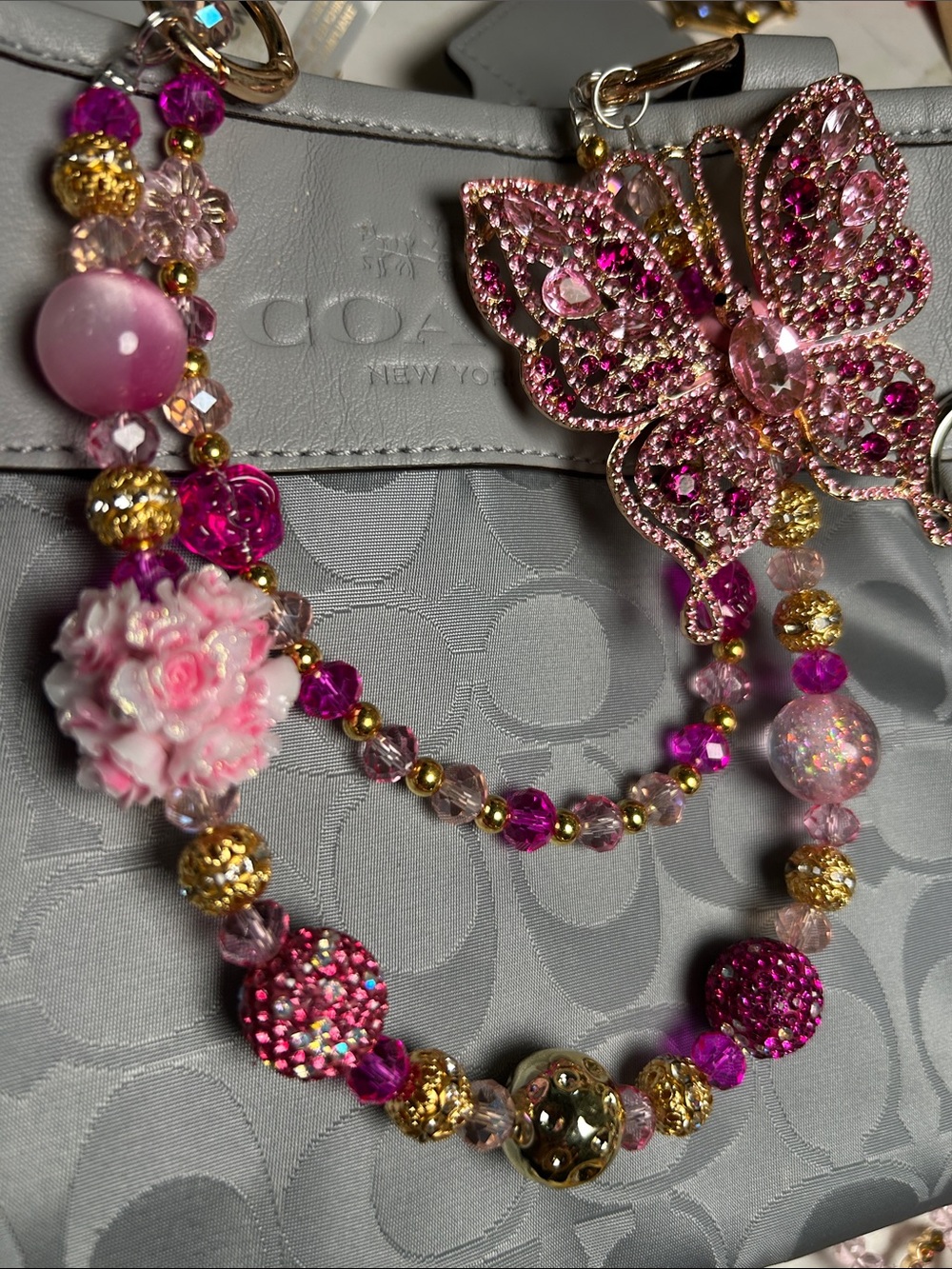 Keychain Pink and Gold Crystal Butterfly Necklace
